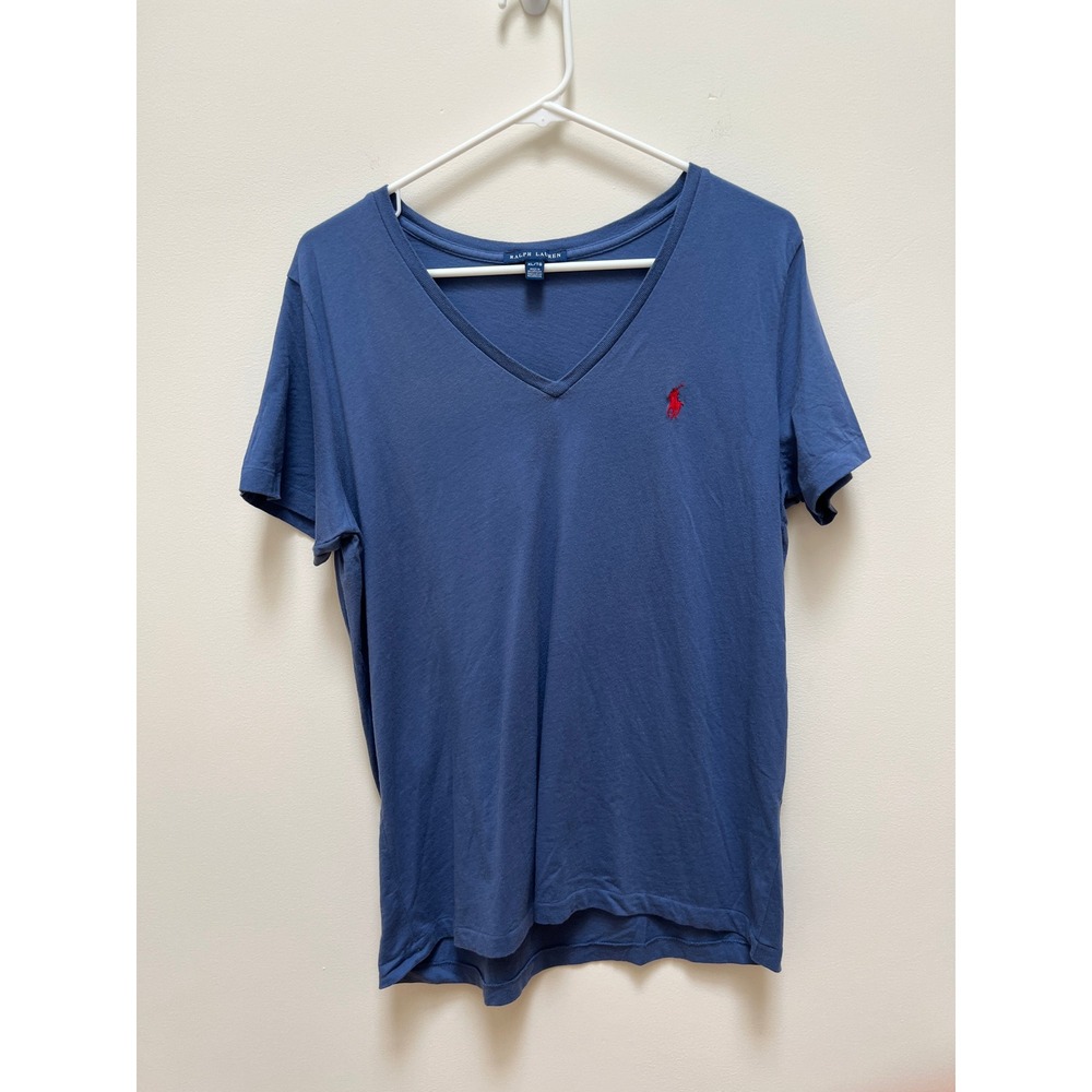 Ralph Lauren T-Shirt Women XL Blue V-Neck Short Sleeve Red Pony Logo Cotton Tee